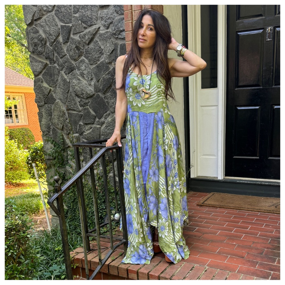 42 Boho Silk Blend One of Kind Print Sleeveless Asymmetrical Maxi Dress